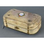 A 19th Century Continental oval card trinket box with gilt metal mounts, the lid inlaid a portrait