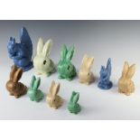 A Sylvac blue seated squirrel 22cm, a ditto 13cm, ditto green bunny 17cm, 2 others 10cm and 7cm, a