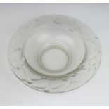 An Art Deco clear glass dish decorated with swallows 33cm