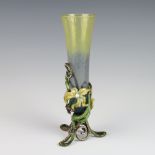 Jay Strongwater, a tapered vaseline glass vase contained in a jewel set metal stand 20cm