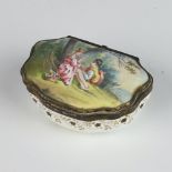 An early 19th Century Battersea style enamelled snuff box, the lid decorated with a fete gallant