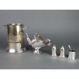 A silver plated pierced soda siphon holder and minor items