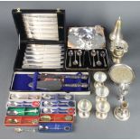 A silver plated sauce boat and stand, 2 cased sets and minor plated wares