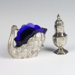 A Continental 800 standard repousse model of a swan with gilt interior and shaped blue glass liner