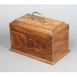 An inlaid Georgian mahogany tea caddy with hinged lid and brass swan neck drop handle 18cm h x