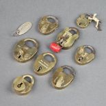 Three Victorian brass heart shaped padlocks complete with keys 4cm x 3cm and 2cm x 2cm, together