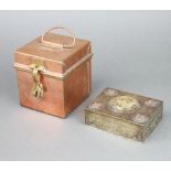 A 1930's Chinese rectangular gilt metal cigarette box, the top with pierced green hardstone plaque