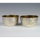 A pair of Georgian style engraved silver bowls with gilt interiors London 1972, 10cm, 466 grams