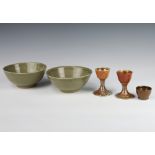 A Crowan Studio Pottery tan glazed bowl in the Chinese manner 15cm, ditto 15cm, 2 egg cups and a