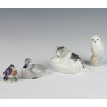 A Bing & Grondahl figure of an owl 8cm, a Royal Copenhagen group of 2 kittens 303 5cm, a duckling