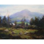 SHEEP GRAZING IN A MOUNTAINEOUS LANDSCAPE by Deirdre O'Donnell