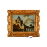 19TH CENTURY OIL ON OAK PANEL, Continental Castle scene, unsigned, 6 3/4 ins x 8 1/2 ins framed.
