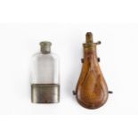 A 19TH CENTURY COPPER & BRASS POWDER FLASK with embossed trellis design, stamped G & JW HAWKSLEY,
