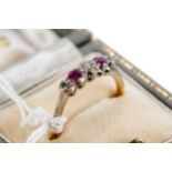 AN 18CT YELLOW GOLD AND PLATINUM FIVE STONE RUBY AND DIAMOND RING, size O, approximately 2.0 grams.