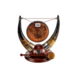 AN EDWARDIAN SILVER PLATED AND COW HORN TABLE GONG with presentation plaque dated 1903, on a