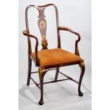 AN EDWARDIAN MAHOGANY ELBOW CHAIR with polychrome painted decoration, shepherds crook arms, drop