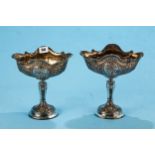 A PAIR OF EDWARDIAN FRENCH STYLE SILVER PLATED ON COPPER COMPORTS embossed with panels of cherubs,