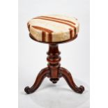 A VICTORIAN ROSEWOOD REVOLVING PIANO STOOL, circular upholstered seat raised leaf carved cabriole