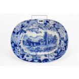 AN EARLY 19TH CENTURY STAFFORDSHIRE "TWIGG" POTTERY BLUE AND WHITE TRANSFER TITLE VIEW MEAT PLATE,