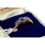 A PERIOD 18CT YELLOW GOLD SAPPHIRE AND DIAMOND RING, size N, approximately 3 grams.