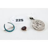 A 19TH CENTURY GARNET AND HAIR SET MEMORIAL BROOCH, a Continental white metal turquoise set crescent