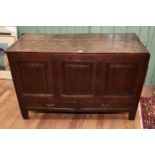 AN 18TH CENTURY OAK MULE CHEST, the hinged top above a fielded three panel front with two drawers