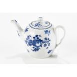AN 18TH CENTURY WORCESTER PORCELAIN BLUE AND WHITE GLOBULAR SHAPED TEAPOT AND COVER decorated with