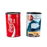TWO RETRO COCA COLA OVERSIZE ADVERTISING TINS, one with seat top, each 17 1/2 ins high.