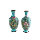 A PAIR OF LATE 19TH/EARLY 20TH CENTURY ORIENTAL CLOISONNE ENAMEL VASES of hexagonal form, green