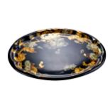 A GOOD 19TH CENTURY OVAL BLACK PAPIER-MACHE TRAY with hand painted floral and gilt leaf
