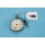 A VICTORIAN SILVER KEYWIND OPEN FACE POCKET WATCH with white enamel dial and subsidiary seconds,