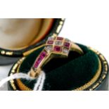 A 9CT YELLOW ART DECO INFLUENCE RUBY AND DIAMOND RING, with ruby set shoulders, size P,