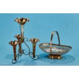 AN EDWARDIAN SILVER PLATED SCROLLED WIRE WORK TABLE EPERGNE with detachable trumpet bases, 13 ins