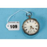 A VICTORIAN SILVER OPEN FACE KEYWIND POCKET WATCH, fusee movement, white enamel dial with subsidiary