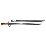 A 19TH CENTURY FRENCH BAYONET with ribbed brass hilt and hooked quillon, single edge fullered blade,