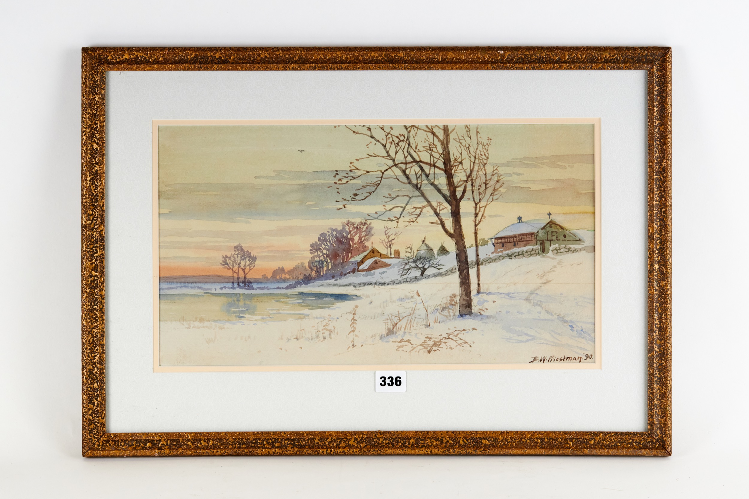 BERTRAM W. PRIESTMAN, SUFFOLK SCHOOL, 1868-1951, WATERCOLOUR, wintry lakeside scene, signed and