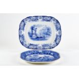 A 19TH CENTURY IRONSTONE CHINA BLUE AND WHITE TRANSFER DECORATED MEAT PLATE, classical view, 15