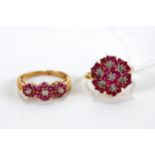 A 9CT YELLOW GOLD RUBY AND DIAMOND RING, size R, approximately 2.6 grams and a multi ruby and