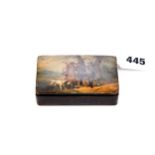 A 19TH CENTURY RECTANGULAR PAPIER-MACHE SNUFF BOX, the lid painted with a warriner, dog and two