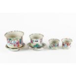 A LATE 19TH/EARLY 20TH CENTURY CHINESE CANTONESE PORCELAIN JARDINIERE AND STAND, 3 1/2 ins high, a