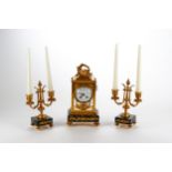 A.D. MOUGIN, FRANCE, A LATE 19TH/EARLY 20TH CENTURY GILT METAL AND MARBLE CLOCK GARNITURE,