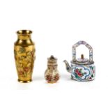 A SMALL CHINESE CANTON ENAMEL WINE POT AND COVER, 4 1/2 ins high, a small baluster enamel JAR AND