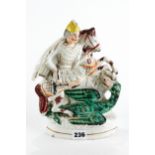A 19TH CENTURY STAFFORDSHIRE POTTERY FIGURE OF ST GEORGE AND THE DRAGON, on oval gilt lined base, 10