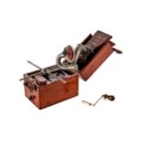 AN EARLY 20TH CENTURY MAHOGANY CASED "PETER PAN GRAMOPHONE CO" PORTABLE GRAMOPHONE with folding