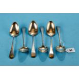 A SET OF SIX CONTINENTAL WHITE METAL TABLE SPOONS, engraved initial G, various marks,
