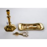 A GEORGE II BRASS CANDLESTICK, tapering hexagonal stem on a conforming foot, 7 ins high, a pair of