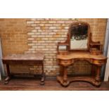A VICTORIAN MAHOGANY AND SATIN BIRCH VENEERED DUCHESS DRESSING TABLE, arched centre mirror, two