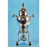 A FINE LATE 19TH CENTURY FRENCH SILVER PLATED TEA URN AND COVER twin scroll handles, shelf and