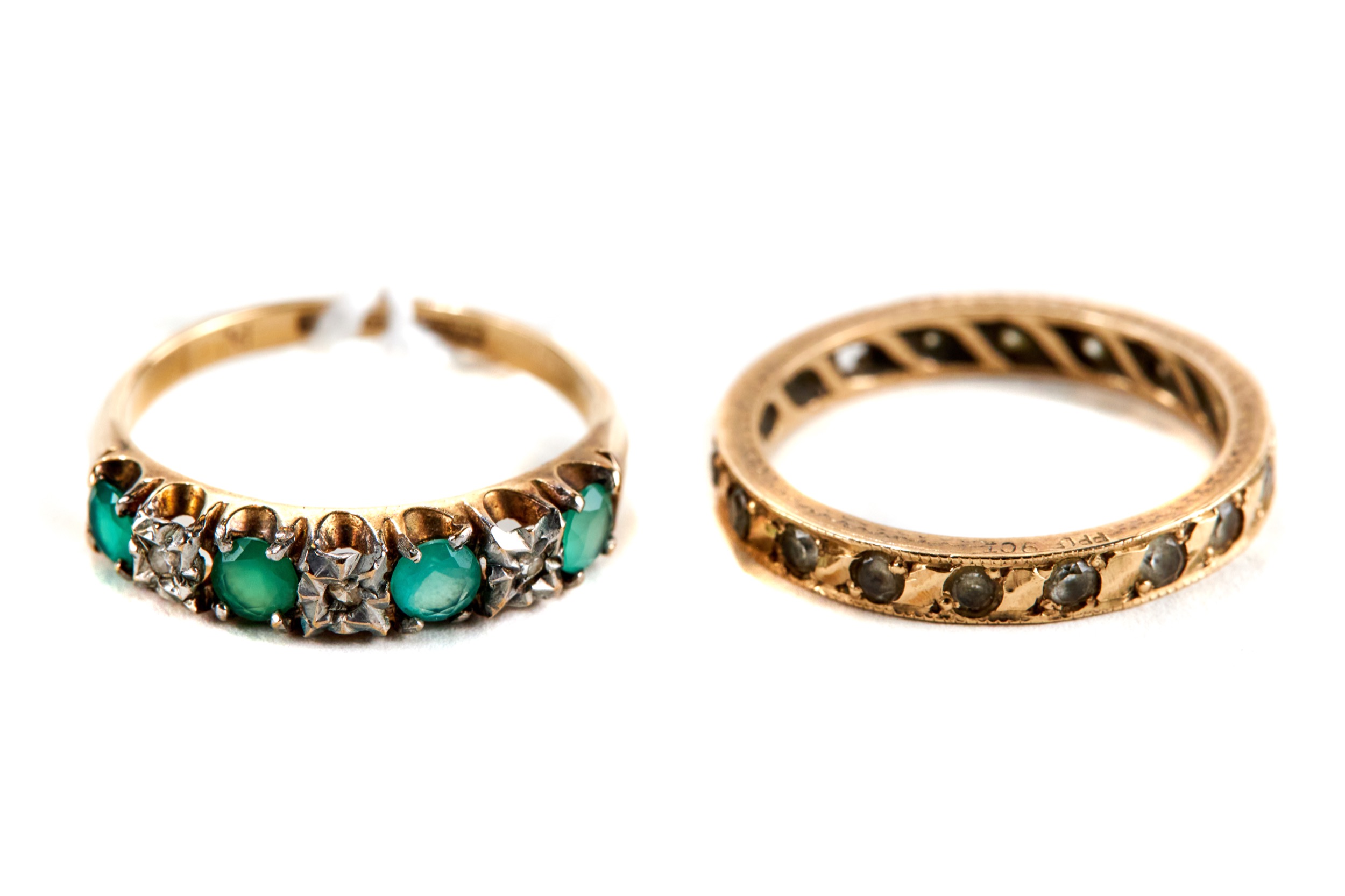 A 9CT GOLD EMERALD AND DIAMOND HALF HOOP ETERNITY RING, size N and a 9ct yellow gold diamond full