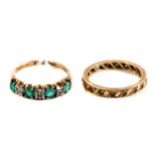 A 9CT GOLD EMERALD AND DIAMOND HALF HOOP ETERNITY RING, size N and a 9ct yellow gold diamond full